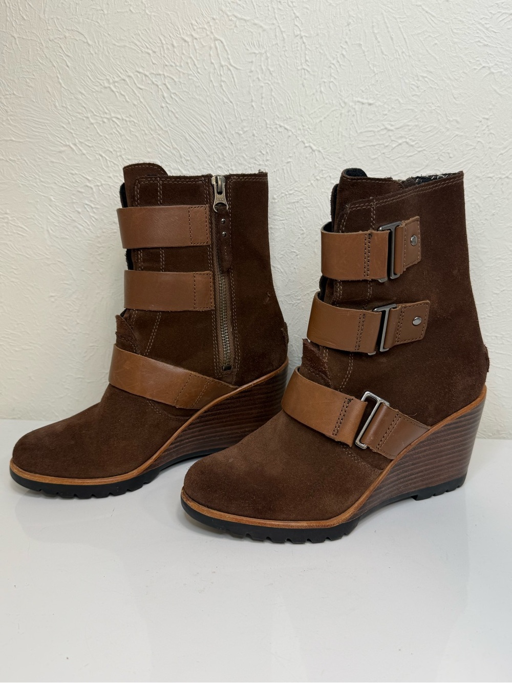 Sorel After Hours Waterproof Suede Buckle Wedge Boots Brown 7